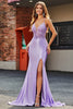 Load image into Gallery viewer, Lilac Mermaid V Neck Open Back Beaded Appliques Formal Dresses with Slit