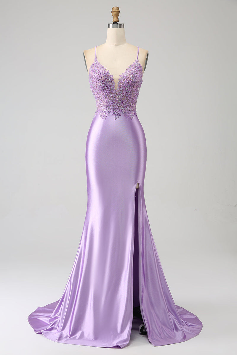 Load image into Gallery viewer, Stylish Mermaid Spaghetti Straps Lilac Long Formal Dress with Appliques Slit