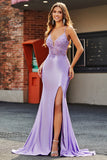 Lilac Mermaid V Neck Open Back Beaded Appliques Formal Dresses with Slit