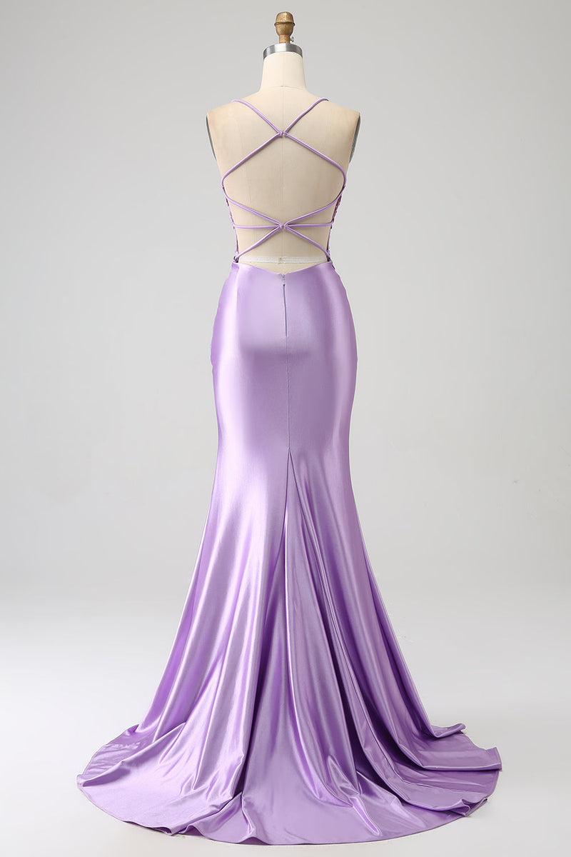 Load image into Gallery viewer, Stylish Mermaid Spaghetti Straps Lilac Long Formal Dress with Appliques Slit