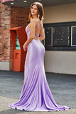 Lilac Mermaid V Neck Open Back Beaded Appliques Formal Dresses with Slit