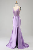 Stylish Mermaid Spaghetti Straps Lilac Long Formal Dress with Appliques Slit