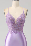 Stylish Mermaid Spaghetti Straps Lilac Long Formal Dress with Appliques Slit