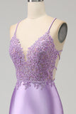 Stylish Mermaid Spaghetti Straps Lilac Long Formal Dress with Appliques Slit