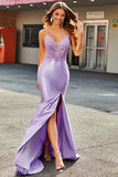 Lilac Mermaid V Neck Open Back Beaded Appliques Formal Dresses with Slit