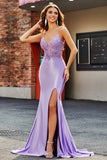 Lilac Mermaid V Neck Open Back Beaded Appliques Formal Dresses with Slit