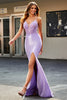 Load image into Gallery viewer, Lilac Mermaid V Neck Open Back Beaded Appliques Formal Dresses with Slit