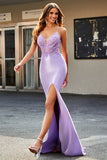 Lilac Mermaid V Neck Open Back Beaded Appliques Formal Dresses with Slit