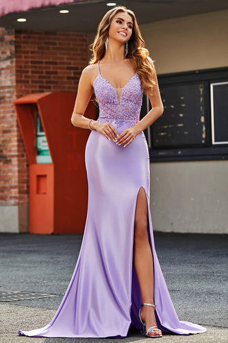 Lilac Mermaid V Neck Open Back Beaded Appliques Formal Dresses with Slit