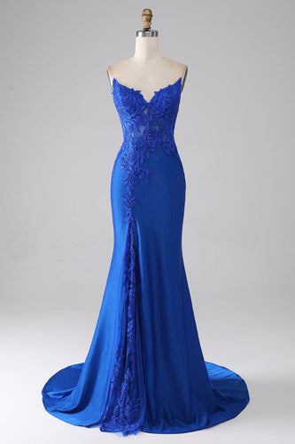 Royal Blue Mermaid Strapless Long Beaded Formal Dress With Appliques