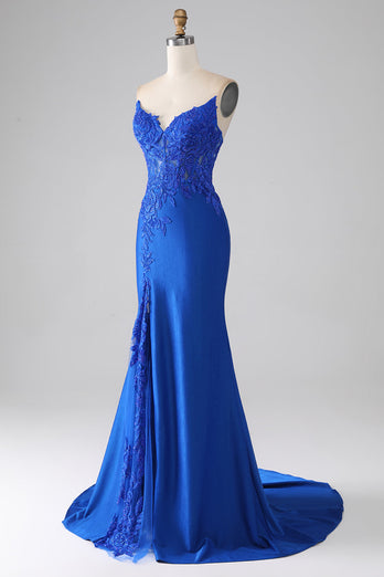 Royal Blue Mermaid Strapless Long Beaded Formal Dress With Appliques