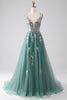 Load image into Gallery viewer, Green A-Line Spaghetti Straps Long Formal Dress With Sparkly Sequin Appliques