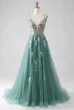 Glitter Green A-Line Spaghetti Straps Long Formal Dress With Sparkly Sequin Appliques