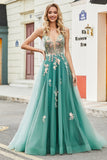 Glitter Green A-Line Spaghetti Straps Long Formal Dress With Sparkly Sequin Appliques