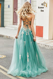 Glitter Green A-Line Spaghetti Straps Long Formal Dress With Sparkly Sequin Appliques