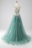 Green A-Line Spaghetti Straps Long Formal Dress With Sparkly Sequin Appliques