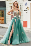 Glitter Green A-Line Spaghetti Straps Long Formal Dress With Sparkly Sequin Appliques