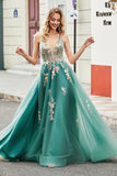 Glitter Green A-Line Spaghetti Straps Long Formal Dress With Sparkly Sequin Appliques