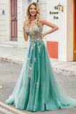 Glitter Green A-Line Spaghetti Straps Long Formal Dress With Sparkly Sequin Appliques