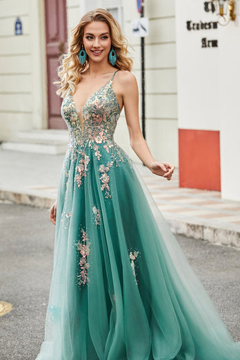 Glitter Green A-Line Spaghetti Straps Long Formal Dress With Sparkly Sequin Appliques