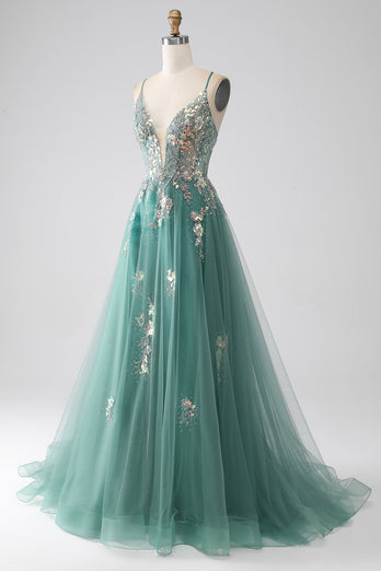 Green A-Line Spaghetti Straps Long Formal Dress With Sparkly Sequin Appliques