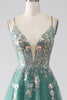 Load image into Gallery viewer, Green A-Line Spaghetti Straps Long Formal Dress With Sparkly Sequin Appliques