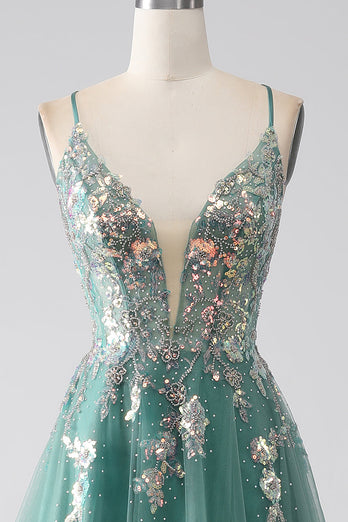 Green A-Line Spaghetti Straps Long Formal Dress With Sparkly Sequin Appliques