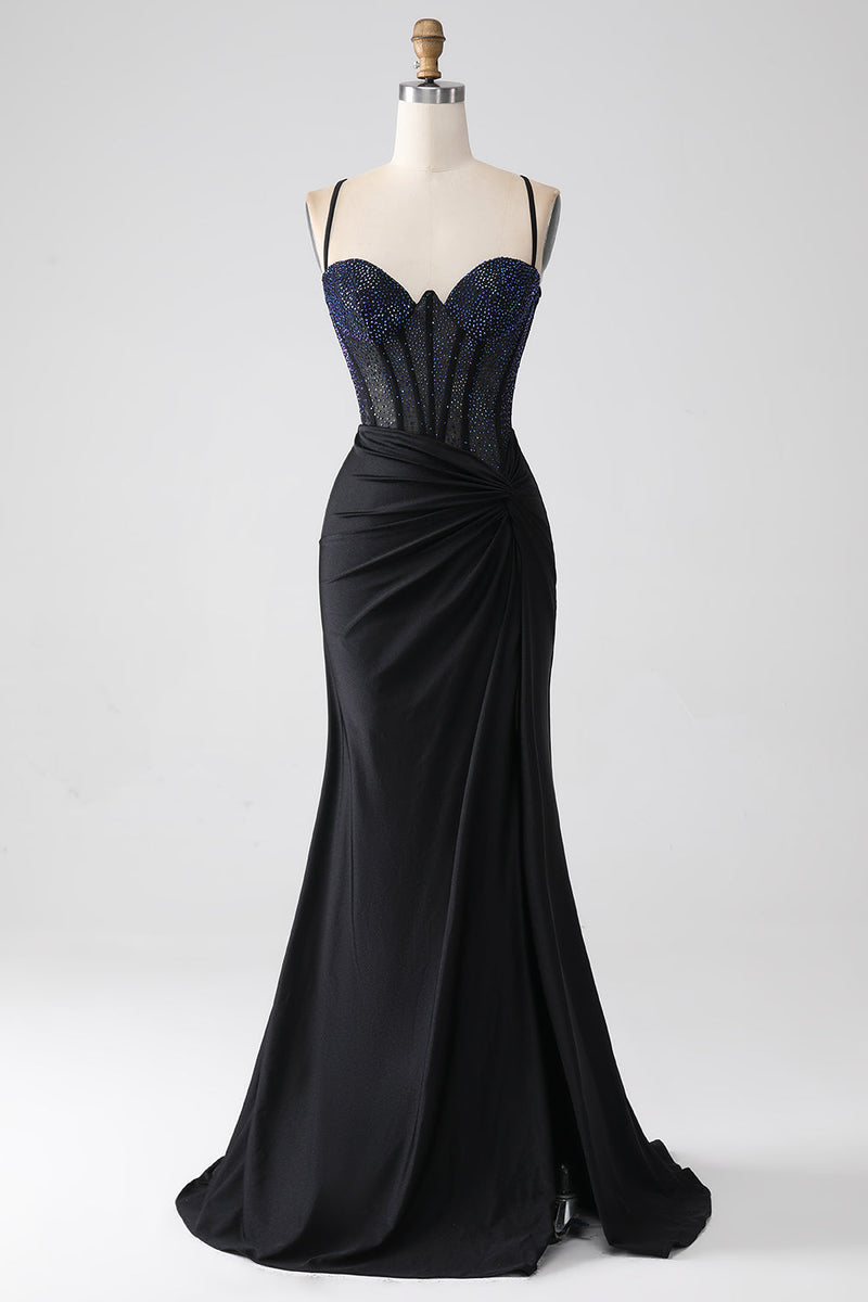 Load image into Gallery viewer, Black Mermaid Spaghetti Straps Long Corset Formal Dress With Beading