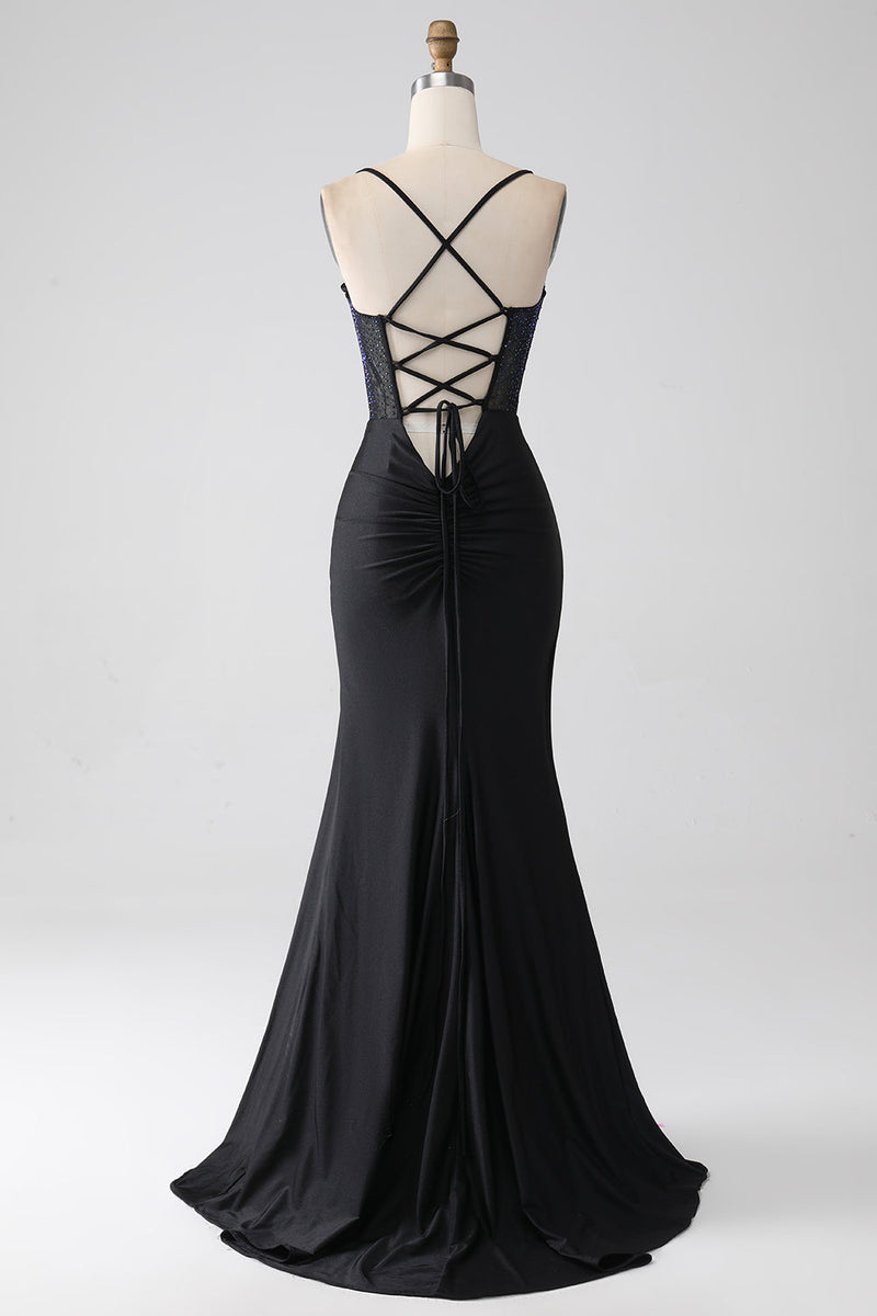Load image into Gallery viewer, Black Mermaid Spaghetti Straps Long Corset Formal Dress With Beading