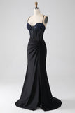 Black Mermaid Spaghetti Straps Long Corset Formal Dress With Beading