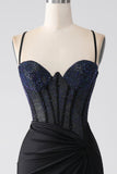 Black Mermaid Spaghetti Straps Long Corset Formal Dress With Beading