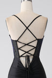 Black Mermaid Spaghetti Straps Long Corset Formal Dress With Beading