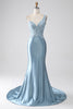 Load image into Gallery viewer, Grey Blue Mermaid Spaghetti Straps Long Beaded Formal Dress With Appliques