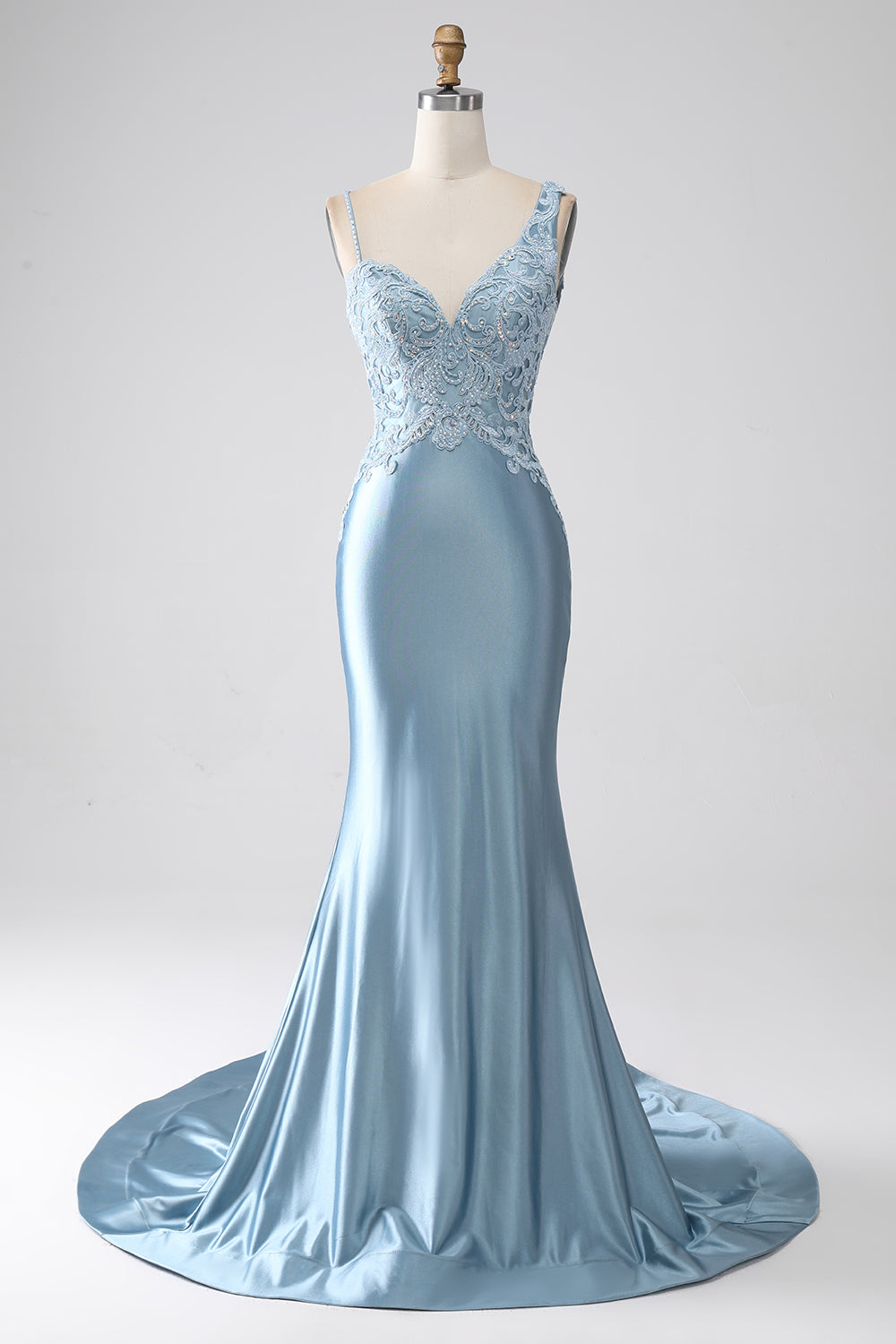 Grey Blue Mermaid Spaghetti Straps Long Beaded Formal Dress With Appliques