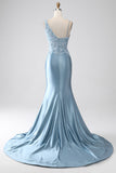 Grey Blue Mermaid Spaghetti Straps Long Beaded Formal Dress With Appliques