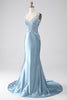 Load image into Gallery viewer, Grey Blue Mermaid Spaghetti Straps Long Beaded Formal Dress With Appliques