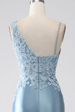 Grey Blue Mermaid Spaghetti Straps Long Beaded Formal Dress With Appliques