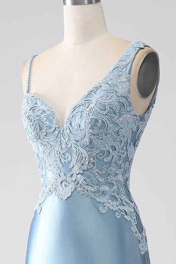 Grey Blue Mermaid Spaghetti Straps Long Beaded Formal Dress With Appliques