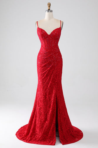 Red Mermaid Spaghetti Straps Beaded Lace Applique Formal Dress With Slit