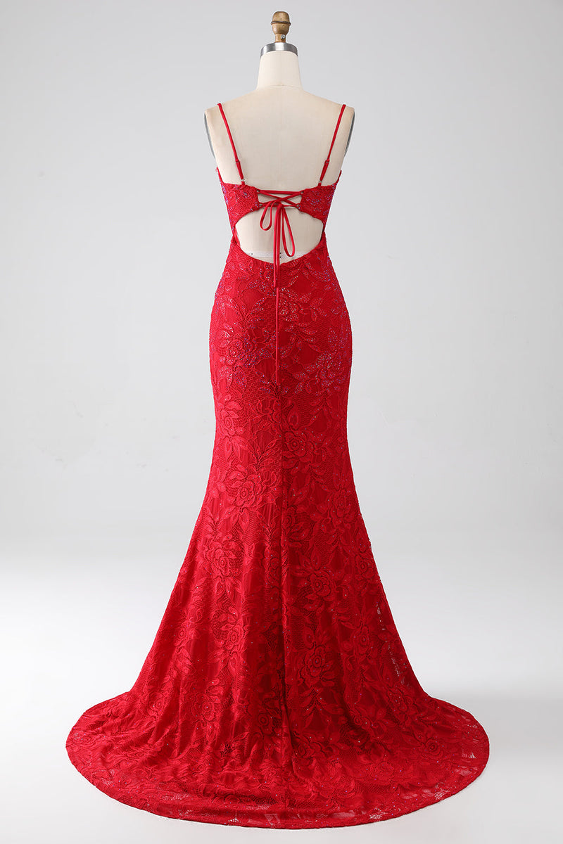 Load image into Gallery viewer, Red Mermaid Spaghetti Straps Beaded Lace Applique Formal Dress With Slit