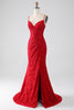 Load image into Gallery viewer, Red Mermaid Spaghetti Straps Beaded Lace Applique Formal Dress With Slit