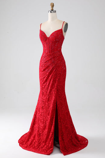 Red Mermaid Spaghetti Straps Beaded Lace Applique Formal Dress With Slit