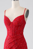 Red Mermaid Spaghetti Straps Beaded Lace Applique Formal Dress With Slit