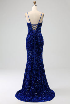Elegant Royal Blue Mermaid Spaghetti Straps Velvet Sequin Long Formal Dress