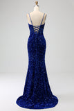 Elegant Royal Blue Mermaid Spaghetti Straps Velvet Sequin Long Formal Dress