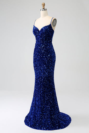 Elegant Royal Blue Mermaid Spaghetti Straps Velvet Sequin Long Formal Dress