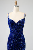 Elegant Royal Blue Mermaid Spaghetti Straps Velvet Sequin Long Formal Dress