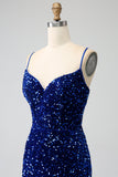 Elegant Royal Blue Mermaid Spaghetti Straps Velvet Sequin Long Formal Dress