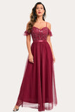 Burgundy Beaded A-Line Long Formal Dress