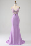 Trendy Mermaid Spaghetti Straps Lilac Long Formal Dress with Appliques Beading